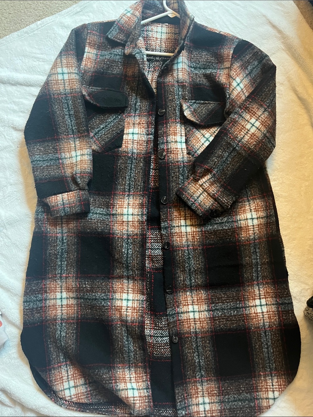 Wool-Blend Plaid Long Trench Coat - Black & Brown
